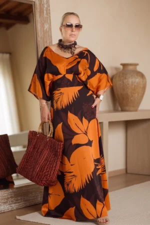 Haljina plus-size, print braon-narandžasta, lepršava.