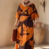 Haljina plus-size, print braon-narandžasta, lepršava.