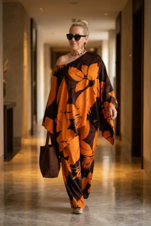 Komplet plus-size, print braon-narandžasta, lepršava.
