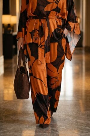 Pantalone plus-size, print braon-narandžasta, lepršava.