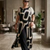 Plus-size tunika, duga, print, bež-crna.