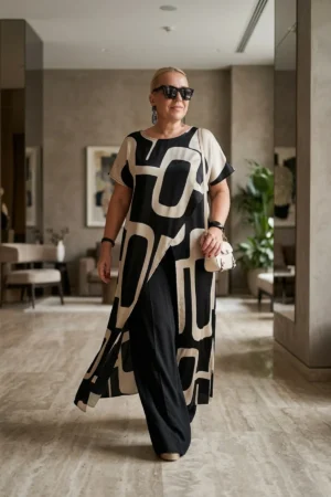 Plus-size tunika, duga, print, bež-crna.