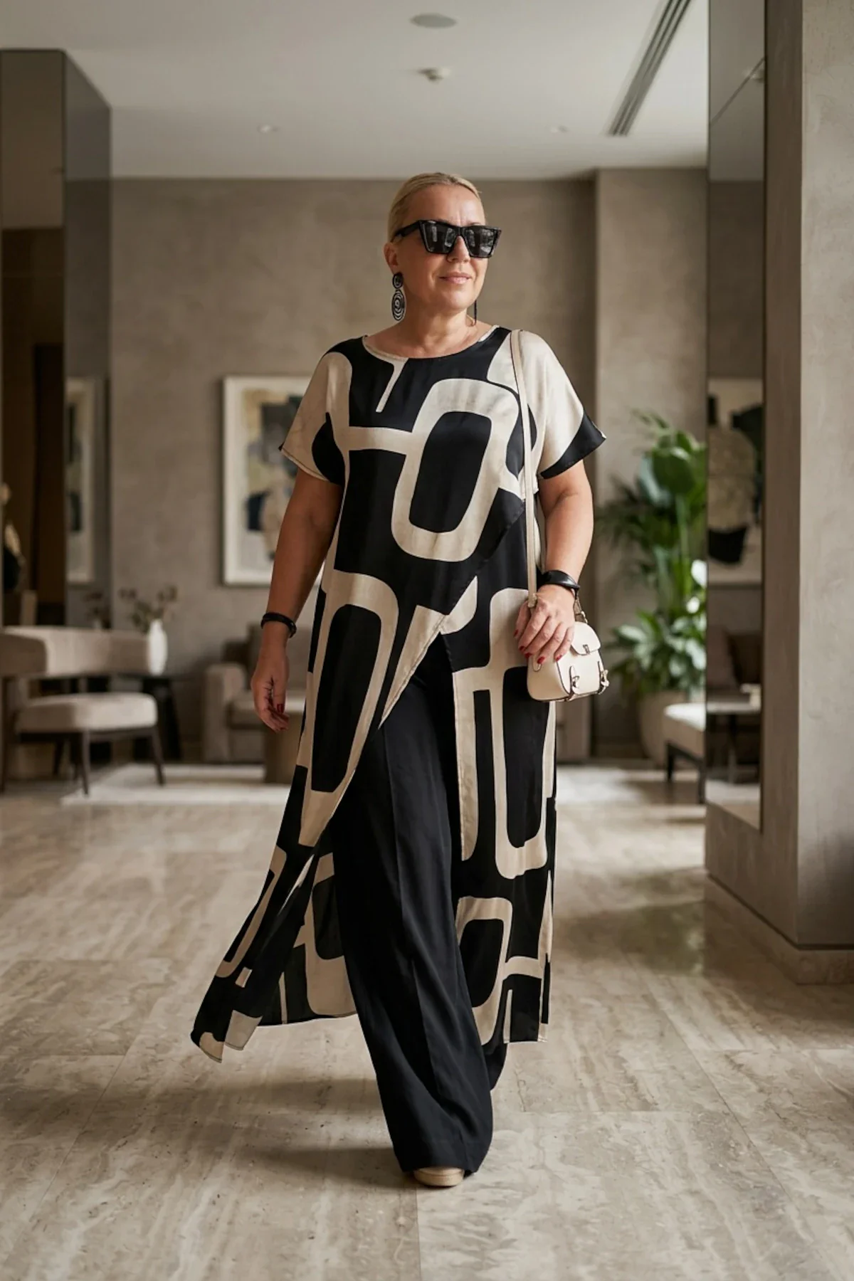 Plus-size tunika, duga, print, bež-crna.