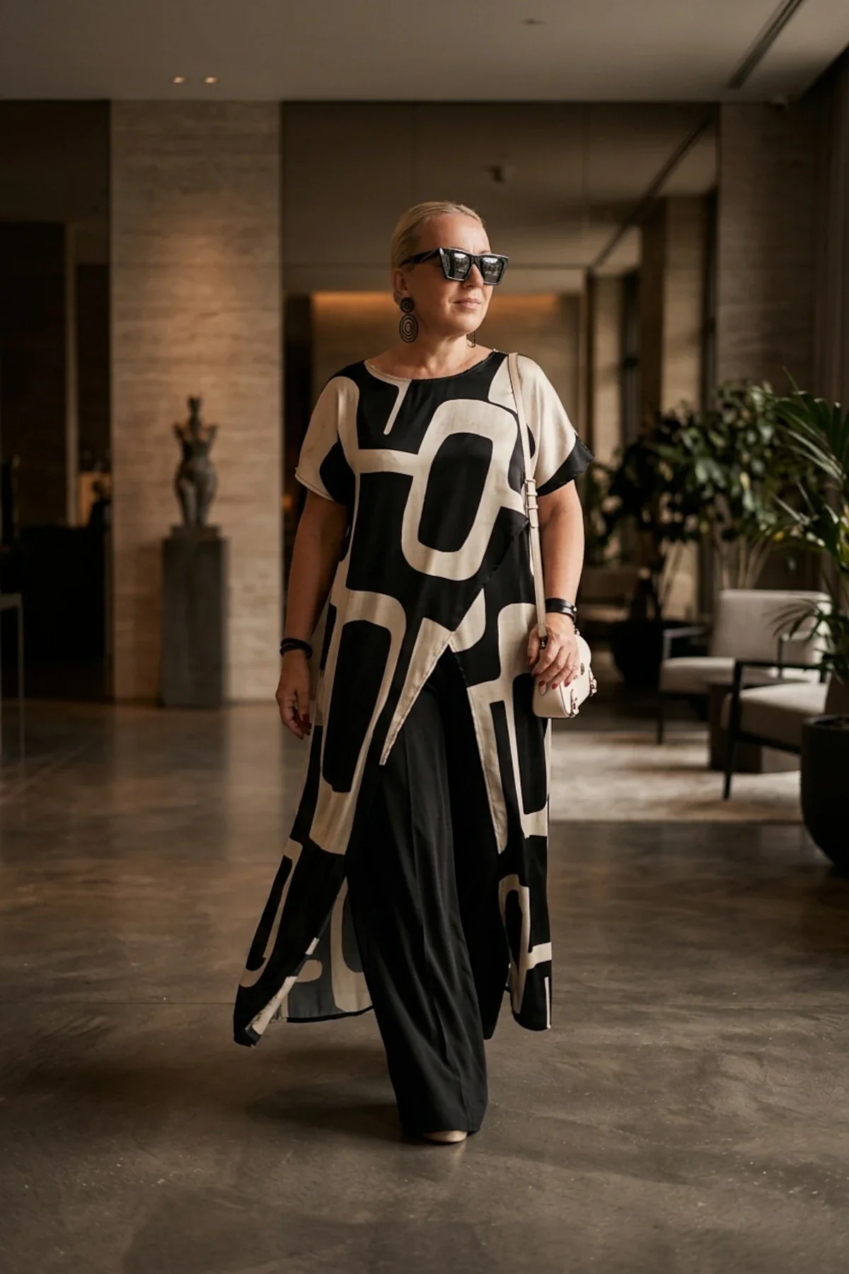 Plus-size tunika, duga, print, bež-crna.