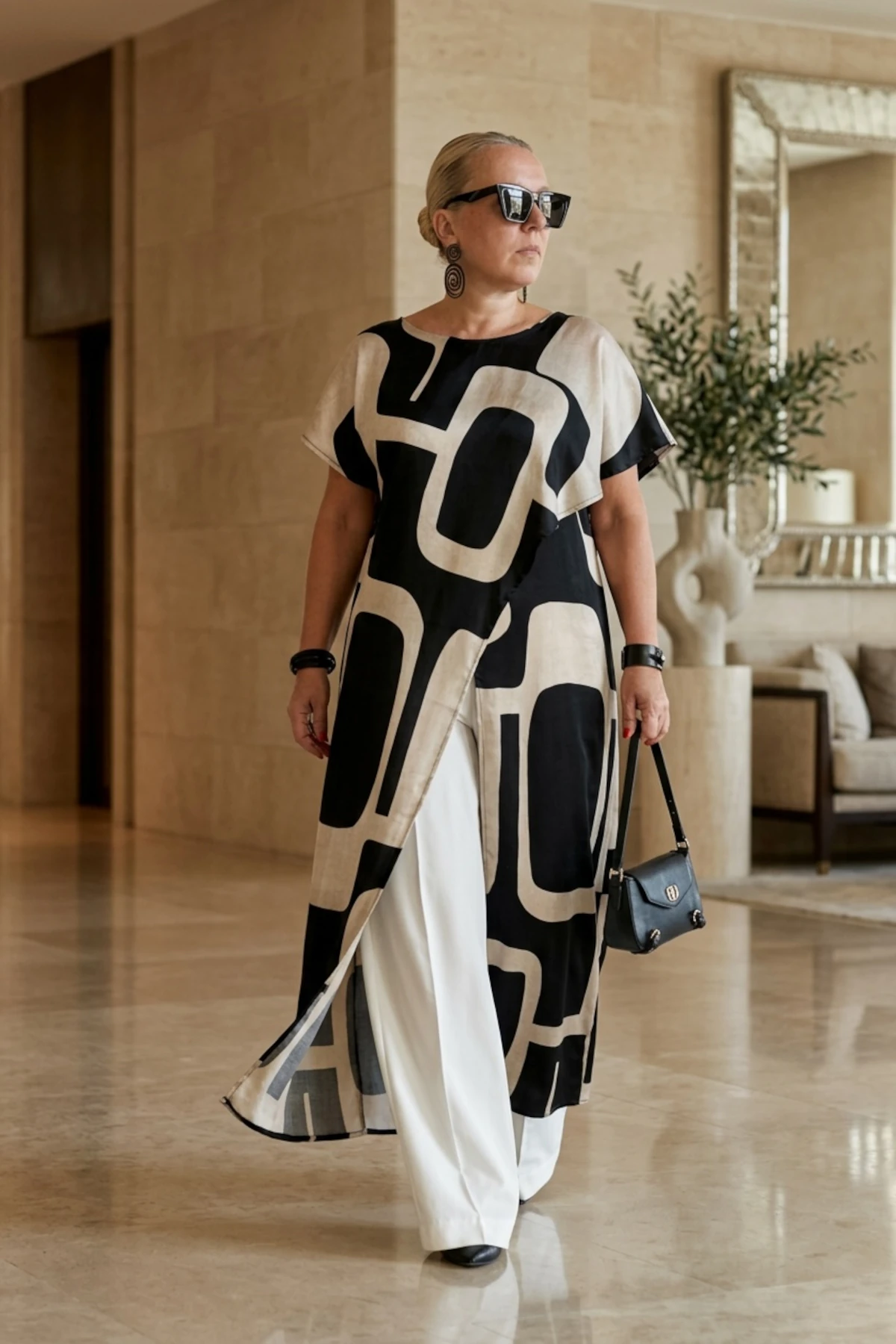 Plus-size tunika, duga, print, bež-crna.