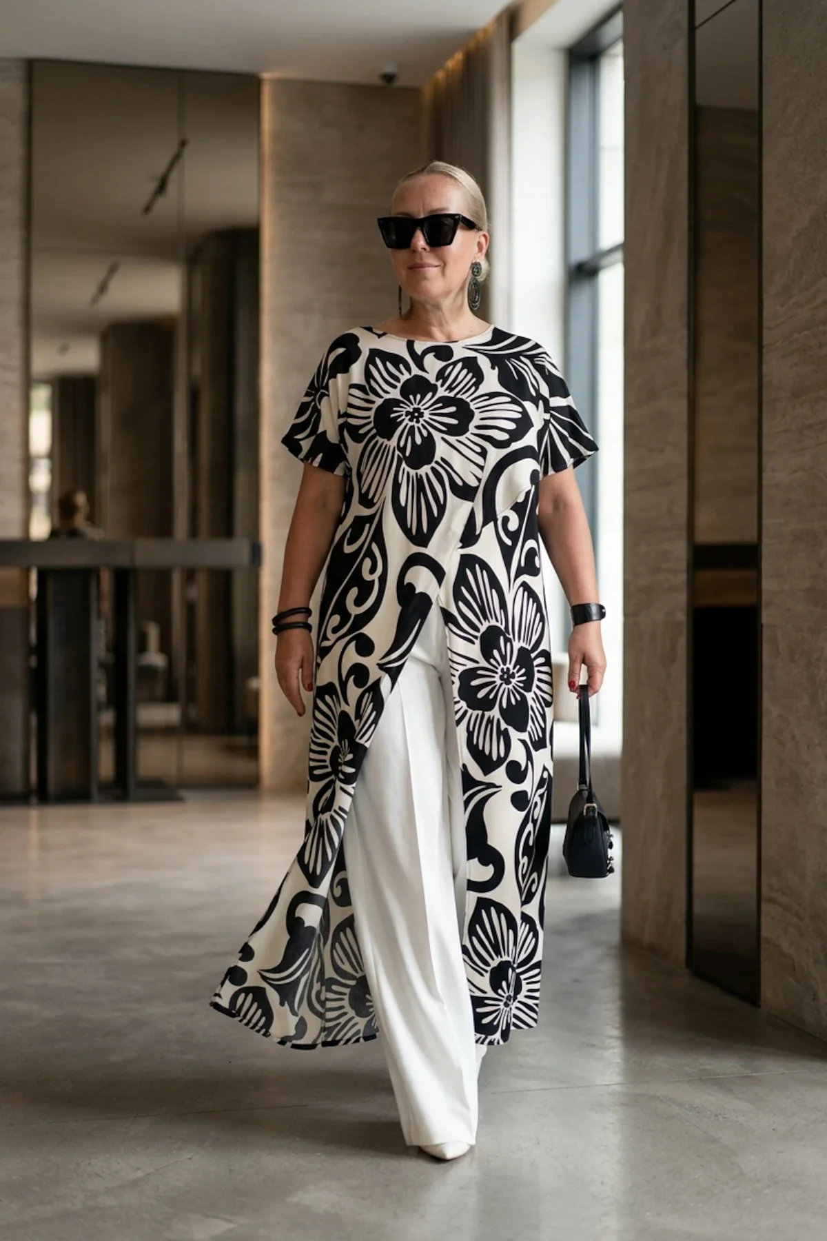 Plus-size tunika, duga, bela sa printom crnih cvetova.