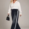 Pantalone plus-size jeans sive sa belom trakom sa strane